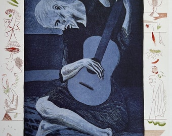 Grabado vintage de David Hockney, El viejo guitarrista (según Picasso), Serie Guitarra Azul, Grabado, Decoración de pared de galería, Póster de exposición de arte, Litografía, 10x14