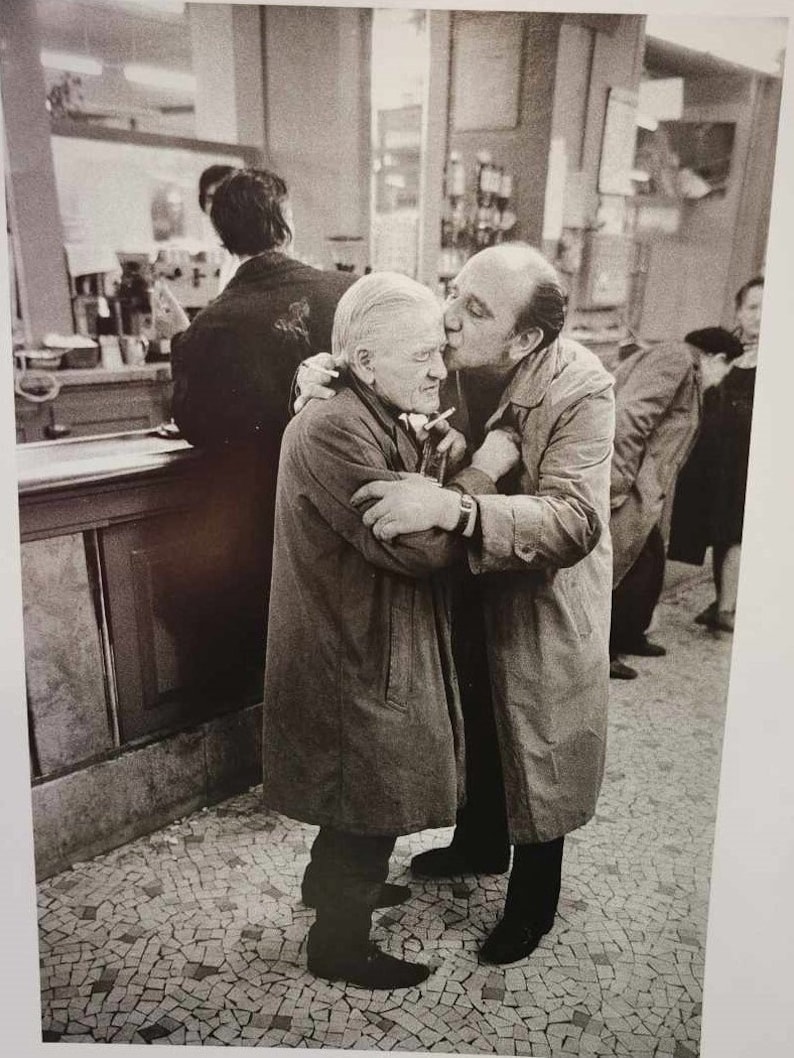 Vintage Art Print 1960s Paris Street Photography, Two Old French Men Embracing, Black White Photo, B/W Portrait, Gallery Wall Idea, 9 x 12 image 1