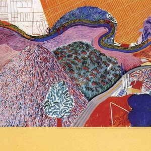 Litografía vintage de David Hockney del cartel de MULHOLLAND DRIVE, paisaje de Hollywood Hills, reproducción del cartel de la exposición de Los Ángeles, 10 x 13,6"