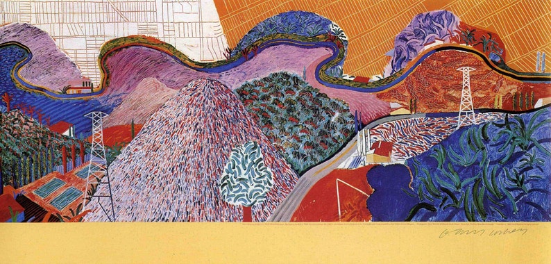 Lithographie vintage de David Hockney d'affiche MULHOLLAND DRIVE, paysage des collines d'Hollywood, reproduction d'affiche de l'exposition de LA, 10 x 13,6 po. image 1