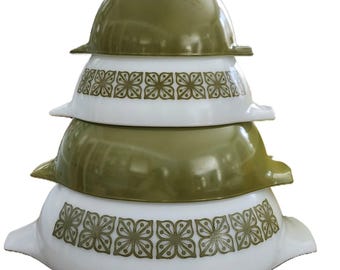 Pyrex Verde Square Flowers Cinderella Mixing Bowls Set of 4, Vintage 1960s-1970s Nesting Bowls 441 442 443 444, Retro Kitchen Gift, USA