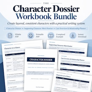Puede incluir: El Character Dossier Workbook Bundle incluye un Character Dossier, un Supporting Character Mini-Dossier y un Cast Overview & Relationship Planner. Estas plantillas PDF imprimibles y rellenables presentan texto azul oscuro sobre papel blanco.
