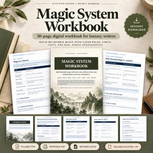 May include: A 56-page digital Magic System Workbook for fantasy writers, featuring a cover with a castle illustration and multiple interior pages showing tables, checklists, and guides for building magic systems in US Letter format.