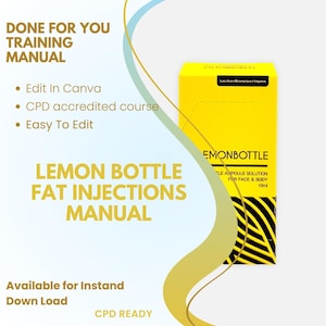 Op de afbeelding: Een gele doos met het opschrift "LEMONBOTTLE" en tekst die aangeeft dat het een oplossing is voor gezicht en lichaam, 10 ml. De afbeelding bevat ook de tekst: "DONE FOR YOU TRAINING MANUAL" en "LEMON BOTTLE FAT INJECTIONS MANUAL".