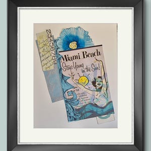 Miami Beach --Collage original réalisé avec des papiers variés et imprimés et des cartes postales. Imprimé sur une toile de coton texturée, passe-partout inclus