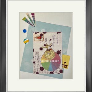 Le toit du monde - Collage original réalisé avec des papiers variés et imprimés et des cartes postales. Imprimé sur une toile de coton texturée, passe-partout inclus