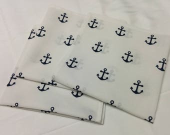 Anchor Napkins Set- Navy Blue Anchors,  on White cotton, Napkins - Nautical, Beach, Wedding, Decor, Cotton