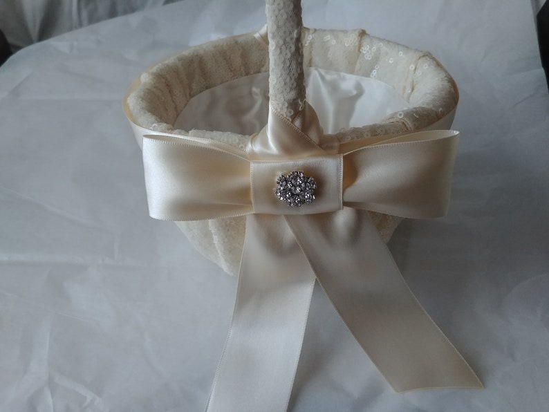 Ivory, White, or Iridescent White Sequin Ring Pillow or Flower Girl basket Ringbearer, Wedding, Bridal, Sequin, Ribbon Bow, Bling Diamond image 8