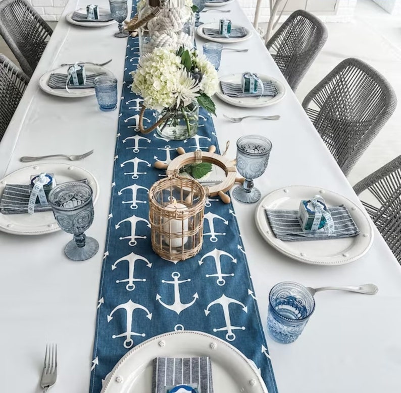 BLUE WHITE ANCHOR Linens Table Runner Napkin Placemat, sailor runner, Nautical, Beach, Wedding, Bridal, Shower, image 8