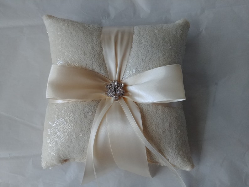 Ivory, White, or Iridescent White Sequin Ring Pillow or Flower Girl basket Ringbearer, Wedding, Bridal, Sequin, Ribbon Bow, Bling Diamond image 7