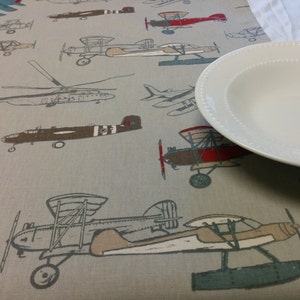 ANTIQUE PLANES TABLE Linens, Table Runner, Napkins, Placemats, Tablecloth, Vintage Airplane, red, blue, brown, tan, grey, Home Decor, Party image 4