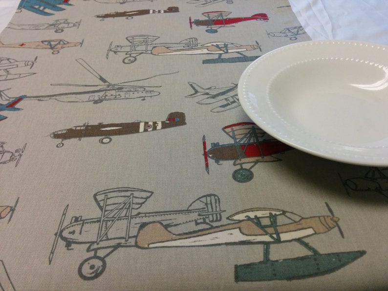 ANTIQUE PLANES TABLE Linens, Table Runner, Napkins, Placemats, Tablecloth, Vintage Airplane, red, blue, brown, tan, grey, Home Decor, Party image 4