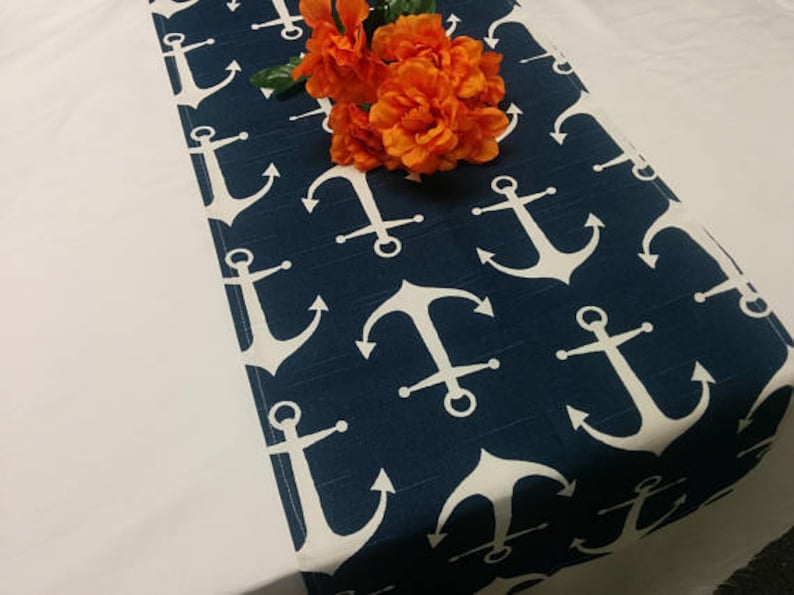 BLUE WHITE ANCHOR Linens Table Runner Napkin Placemat, sailor runner, Nautical, Beach, Wedding, Bridal, Shower, image 3