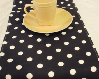 BLACK WHITE POLKa Dot LinenS- Table runner, napkins, placemats, white dots on Black Runner,  Wedding, Bridal, Home Decor, Olivia Party