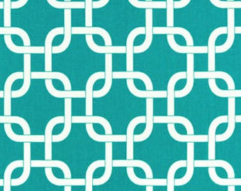 TEAL GEOMETRIC TABLE Linens-- white on teal chain print geometric Table runner, napkins