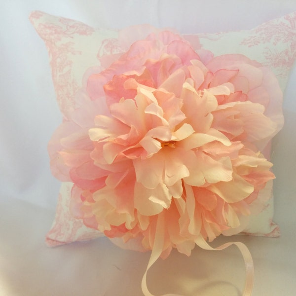 TOILE RINGBEARER PILLOW -Colors- Flower Girl Basket - Pink toile w/pink peony flower- wedding bridal,  ringbearer,  Pink Toile ring Pillow