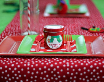 SCATTERED DOT TABLE Linens -Tablecloth, Table runner,  Napkins, irregular polka Dot, White, Red, Caterpillar Parties, Showers, Mini Dots