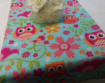 OWLS TABLE RUNNER-  Choose size  Runner Blue Hot pink and orange with owl in chevron zigzag Wedding Bridal Home Decor Party