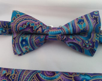 PURPLE BLUE PAISLEY Bowtie, or Pocket Square, Boys, Men, purple, blue,  metallic gold paisley, Groom, ringbearer, photo shoot, wedding, Prom