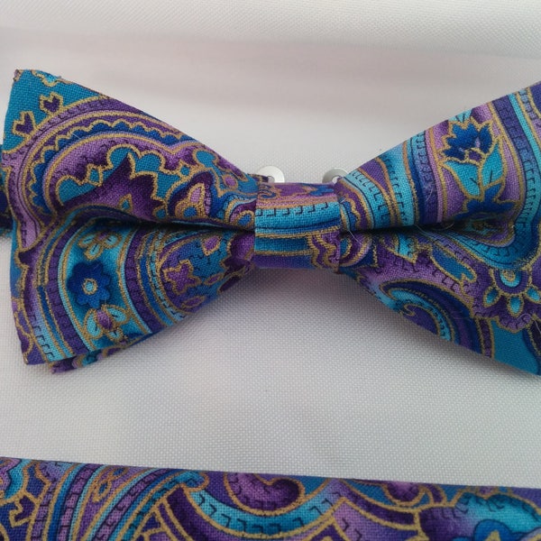 PURPLE BLUE PAISLEY Bowtie, or Pocket Square, Boys, Men, purple, blue,  metallic gold paisley, Groom, ringbearer, photo shoot, wedding, Prom