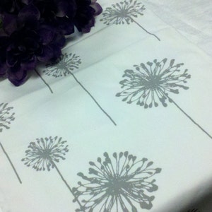 TABLE RUNNER DANDELIONS Gray flower dandelions on white, grey wedding, bridal linen image 1