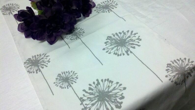 TABLE RUNNER DANDELIONS Gray flower dandelions on white, grey wedding, bridal linen image 1