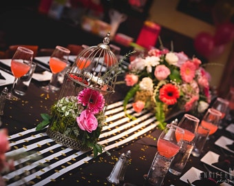 BLACK WHITE Striped table runner -Black white stripes, gold metallic polka dots,  wedding, bridal, shower,  decor, Last Ones