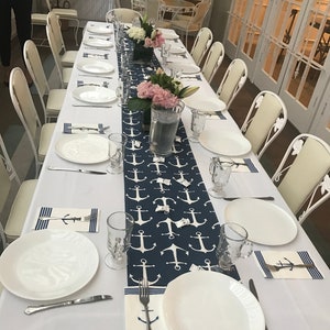 BLUE WHITE ANCHOR Linens Table Runner Napkin Placemat, sailor runner, Nautical, Beach, Wedding, Bridal, Shower, image 2