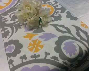 LAVENDER DAMASK LINENS  -Last ones,  large damask print,  lilac, yellow, grey, white, Table Runner, pillow cover, window valance