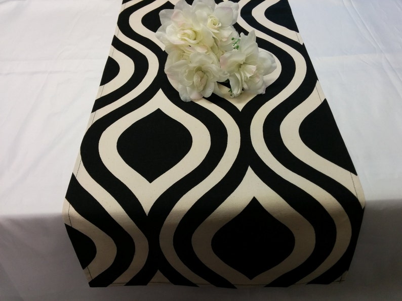 BLACK or Navy IVORY GEOMETRIC Linens Table Runner, or Napkins, or Placemats, Geometric, Large ovals Table Runner, Wedding Bridal Home Decor image 1