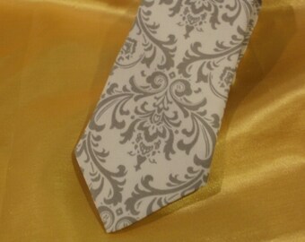 GREY DAMASK NECKTIE or Pocket Square Grey on White Madison Men's Boy, Toddler, Big n Tall Tie Wedding Party gray Groom, Usher, ring bearer