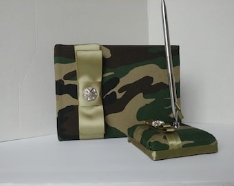 Camouflage Guest Book and Pen Set-- Camo with your choice of ribbon color wedding bridal