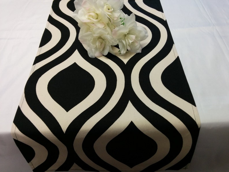 BLACK or Navy IVORY GEOMETRIC Linens Table Runner, or Napkins, or Placemats, Geometric, Large ovals Table Runner, Wedding Bridal Home Decor image 3