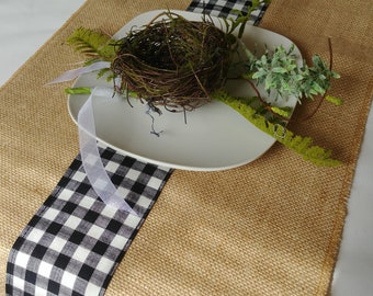 BURLAP and CHECKS Table Runner, table rounds, Valance, Napkins, Rustic Decor, Natural, with Black buffalo plaid strip, or Checks, Farmhouse
