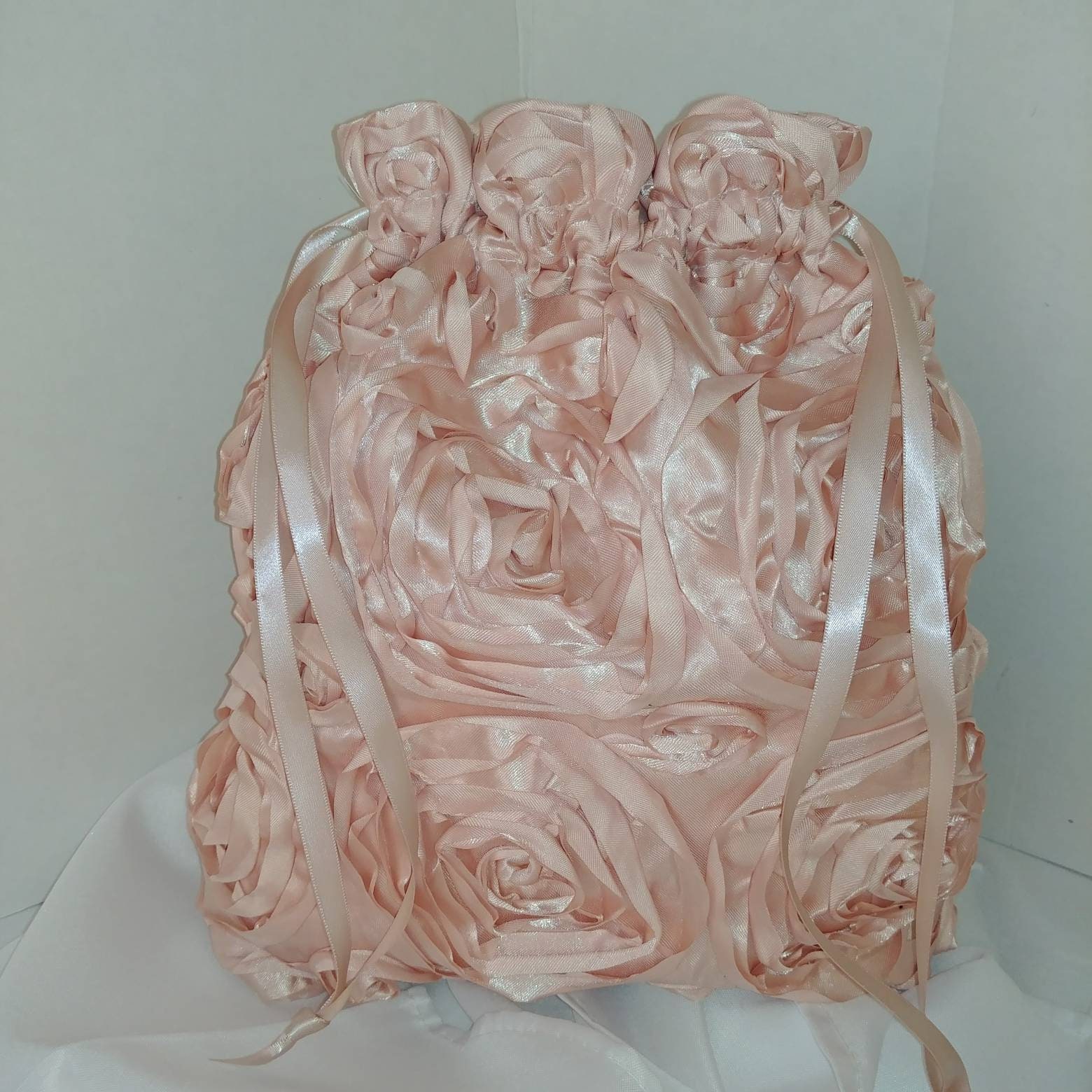 SATIN ROSETTE MONEY BaG, Choose Color, Lined, Father Daughter, Money Dance, rosette satchel, drawstring, purse, rose gold, navy, champagne