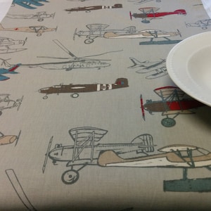 ANTIQUE PLANES TABLE Linens, Table Runner, Napkins, Placemats, Tablecloth, Vintage Airplane, red, blue, brown, tan, grey, Home Decor, Party image 1