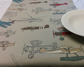 ANTIQUE PLANES TABLE Linens, Table Runner, Napkins, Placemats, Tablecloth, Vintage Airplane, red, blue, brown, tan, grey, Home Decor, Party