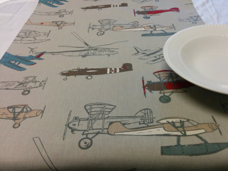 ANTIQUE PLANES TABLE Linens, Table Runner, Napkins, Placemats, Tablecloth, Vintage Airplane, red, blue, brown, tan, grey, Home Decor, Party image 1