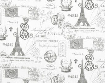 PARIS TABLE LINENS - Table Runner, Napkins, Placemats, potholders, French print, grey on creamy white, black on natural, Eiffel tower, stamp