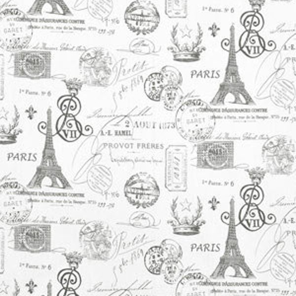 PARIS TABLE LINENS - Table Runner, Napkins, Placemats, potholders, French print, grey on creamy white, black on natural, Eiffel tower, stamp