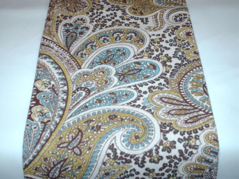 PAISLEY TABLE LINENS Last Ones Chocolate Brown and Tan Paisley Table Runner, or Napkins, With aqua Blue, Sage Green image 1