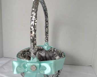 OOPS Clearance SILVER SEQUIN Flower Girl Basket, Lt Aqua Ribbon-  handle cracked, Sequin Covers it, Bling Diamond accent