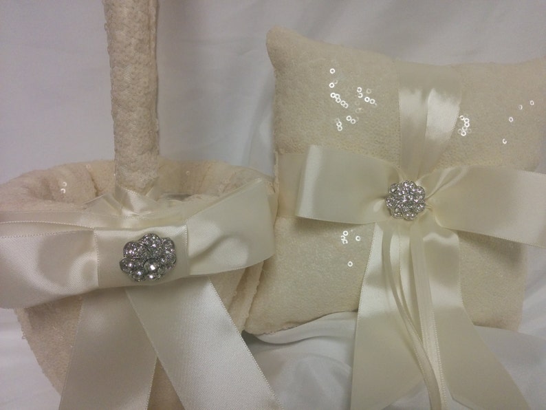 Ivory, White, or Iridescent White Sequin Ring Pillow or Flower Girl basket Ringbearer, Wedding, Bridal, Sequin, Ribbon Bow, Bling Diamond image 4