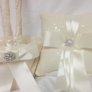 Ivory, White, or Iridescent White Sequin Ring Pillow or Flower Girl basket Ringbearer, Wedding, Bridal, Sequin, Ribbon Bow, Bling Diamond image 2