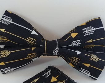 BLACK WHITE GOLD Arrow Bowtie,  and/or  Hanky, Boys,  Men, Big Tall, black and white, black and gold,  Groom, ringbearer,  wedding