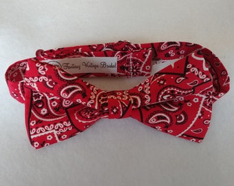 RED BANDANA BOWTIE  or NeCKTIE, Pocket Square, red, black, white cotton, Groom, ring bearer, usher