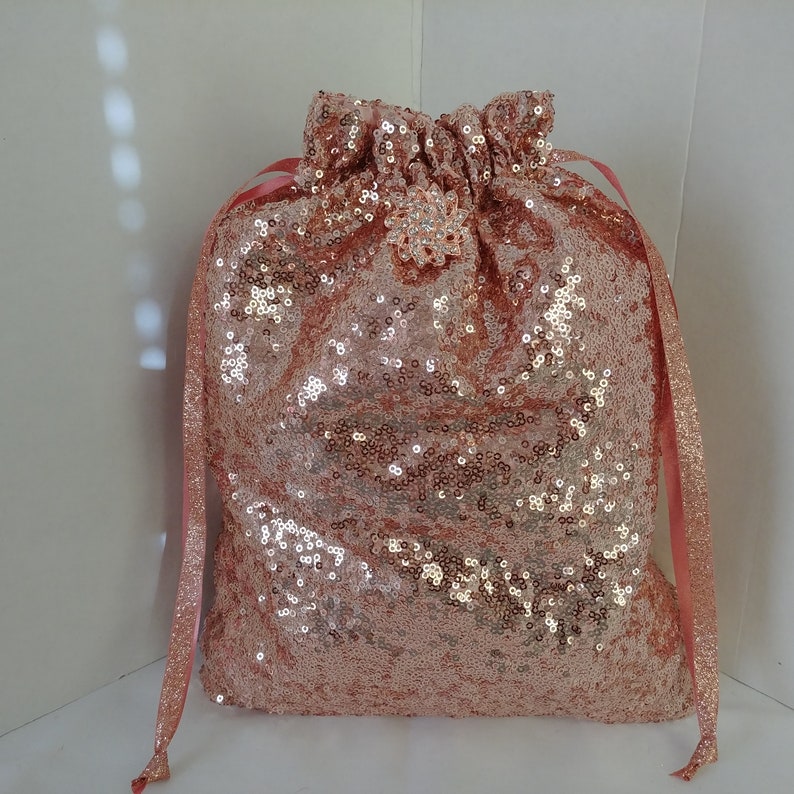 SEQUIN MONEY BAG, Colors, Rose Gold, Silver, Gold, With or Without Brooch, Bridal, Money Dance, glitter bag, drawstring, purse image 1