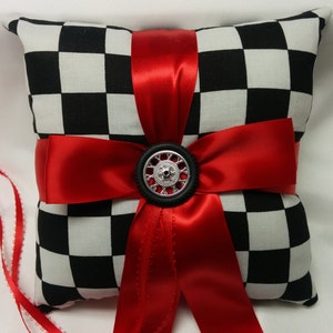 RACING RING PILLOW and or Basket Racing, black White Checks, checkered flag, Ringbearer Flower Basket , choose Ribbon, wedding pillow image 1