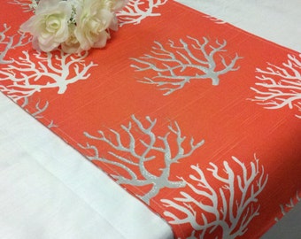 CORAL TABLE RUNNER - Salmon Table Runner, coral Napkins or Placemats,  white grey coral reef linen, Nautical, Beach Wedding, Dresser Runner