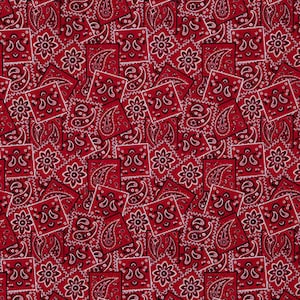 May include: Red bandana print fabric with a paisley pattern. The fabric is made up of many small squares, each with a different paisley design.